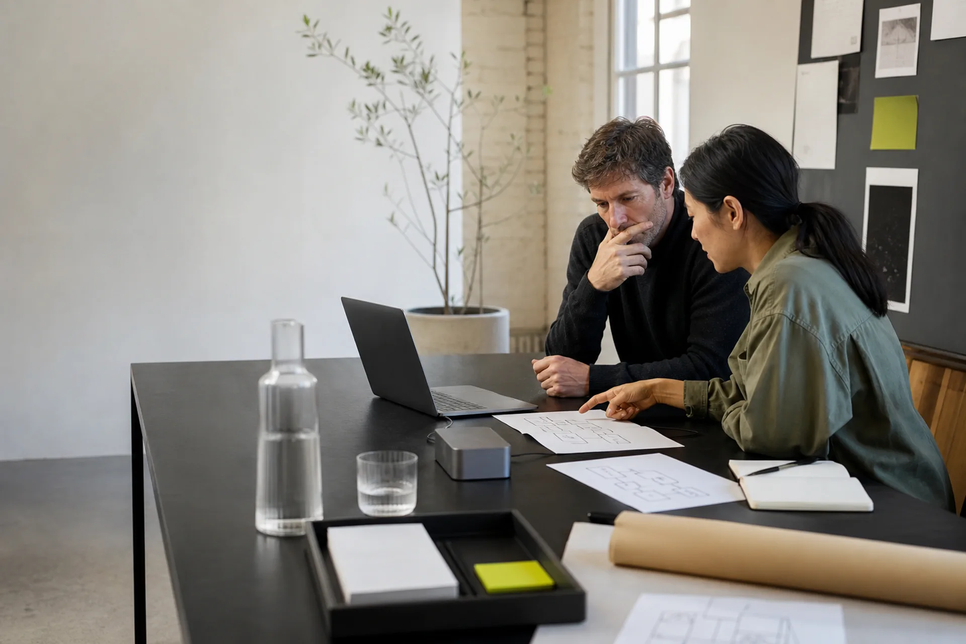 Dos personas revisan un diagrama de flujo y un portátil en una mesa de trabajo.