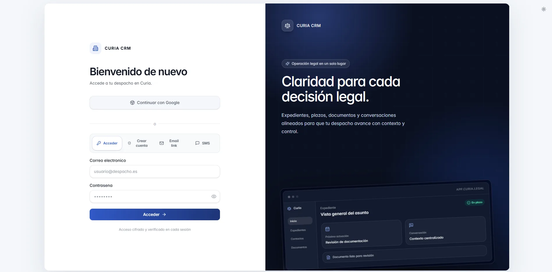 Vista de expedientes y casos dentro de la plataforma Curia