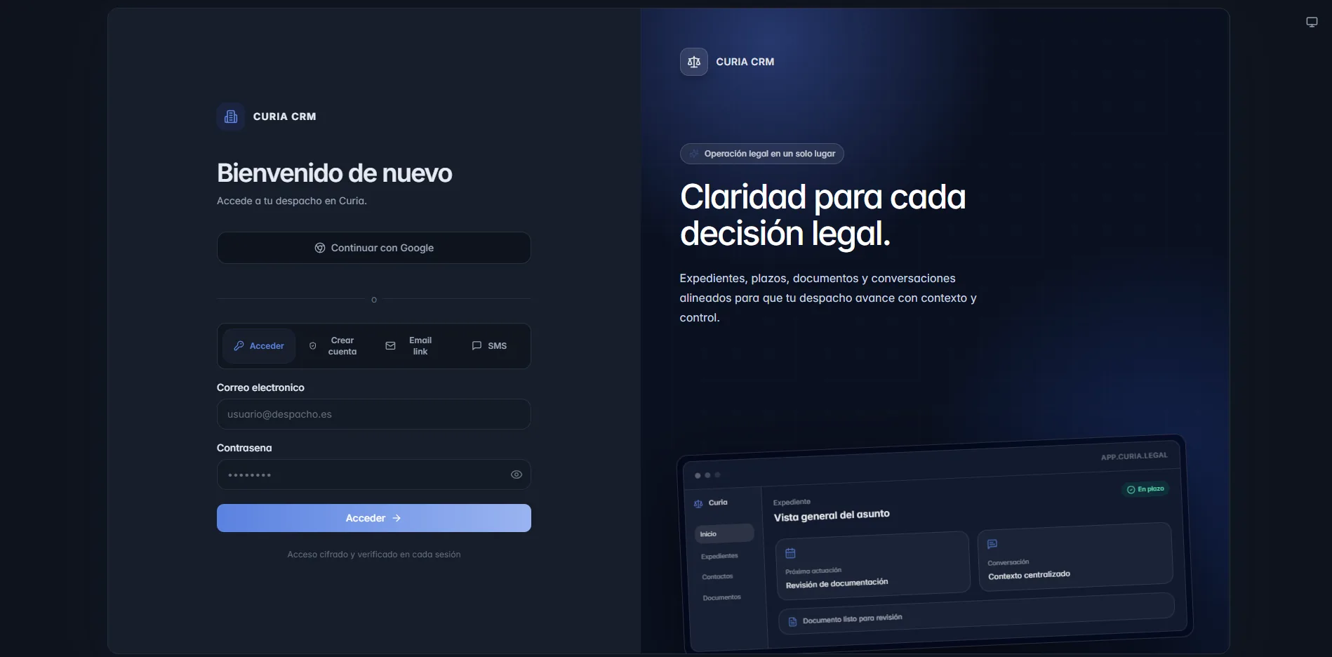 Panel principal del SaaS Curia para administración de despachos de abogados