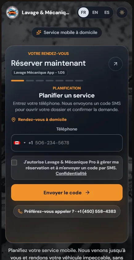 Landing de Lavage Mécanique con reserva de lavado de autos móvil en Canadá