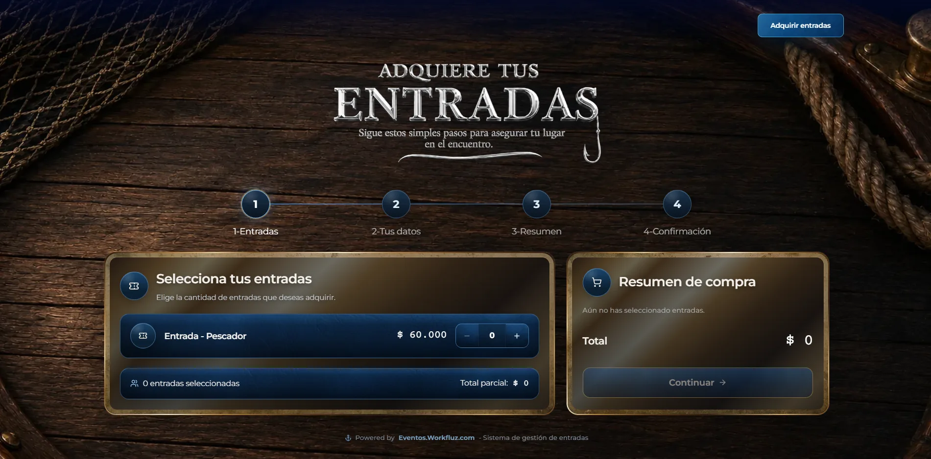 Flujo de compra de entradas en la infraestructura de Eventos Workfluz