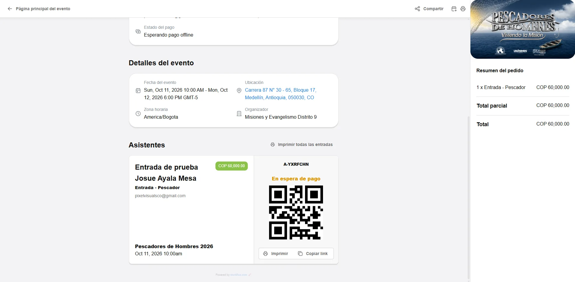Registro de asistentes para un evento gestionado con Eventos Workfluz