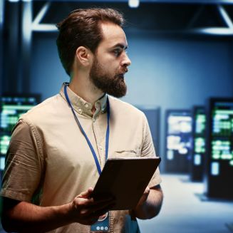 Supervisor doing routine inspection, extending high tech facility equipment life span and avoiding downtime. Manager checking data center infrastructure units for power fluctuations